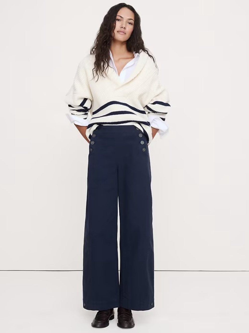 Banana Republic High-Rise Stretch-Canvas Sailor Wide Adjustable Pant | Navy | 14